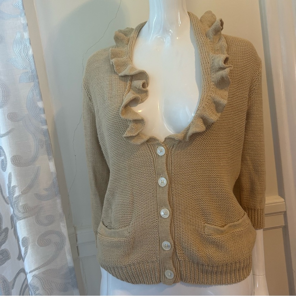 Ralph Lauren Tan Ruffled Cardigan With 2 pockets on Women Linen/ Cotton Size XS